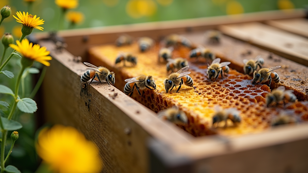 A close-up of a healthy beehive surrounded by buzzing bees and flowering plants, with honeycomb visible inside the hive.