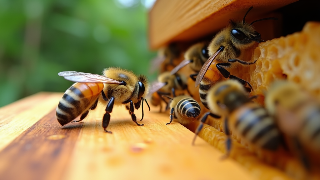 A close-up view of honeybees working on honeycomb inside their hive, with a natural green outdoor background