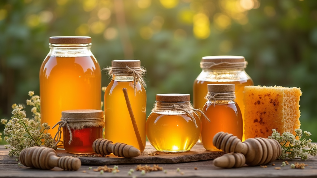 Jars of honey on a wooden table with different packaging styles