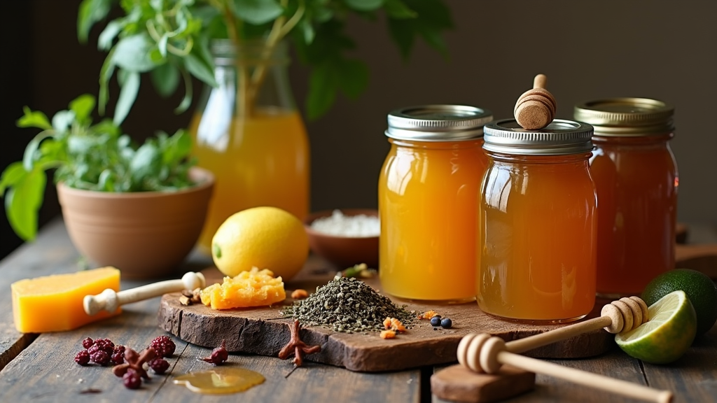 Various jars of honey infused with natural ingredients, surrounded by herbs and spices on a rustic table