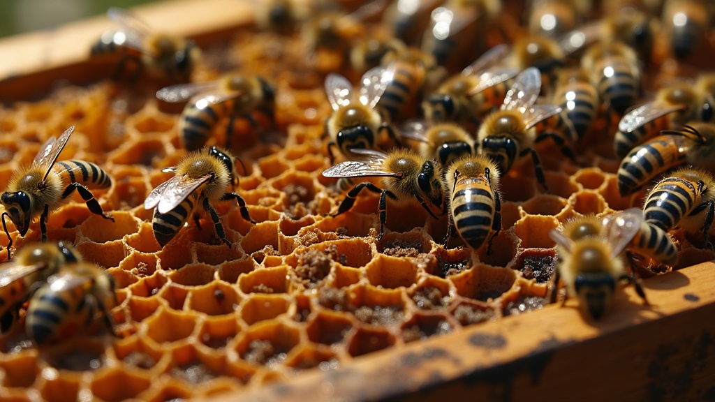 A close-up of a honey bee hive frame showing worker bees, empty cells, and some capped brood
