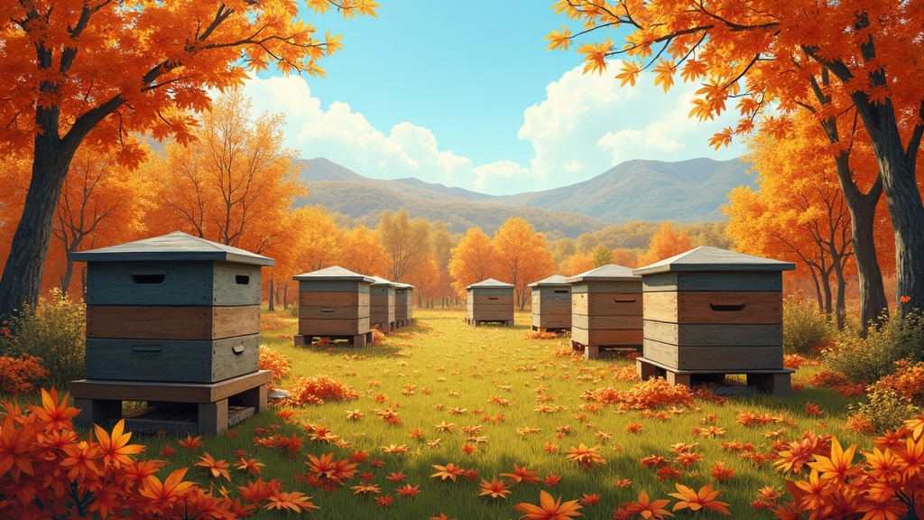 beehives in autumn with colorful leaves around
