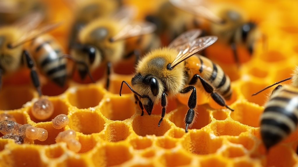 Close-up of bees with visible Varroa mites in a natural hive setting
