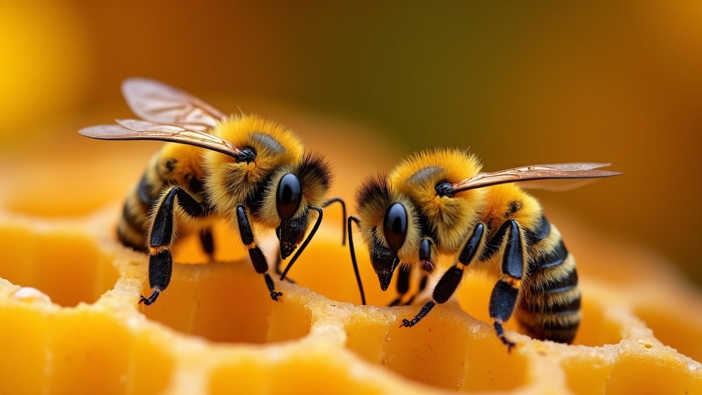 Close-up image of an Italian bee and a Carniolan bee side by side on honeycomb